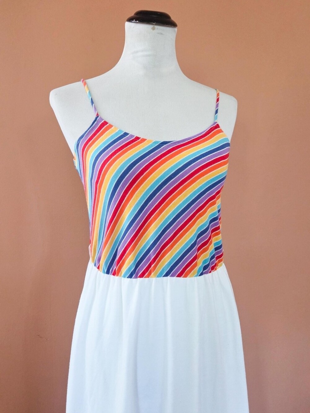 Vintage 1970s Rainbow & White Midi Summer Dress / Small - Medium